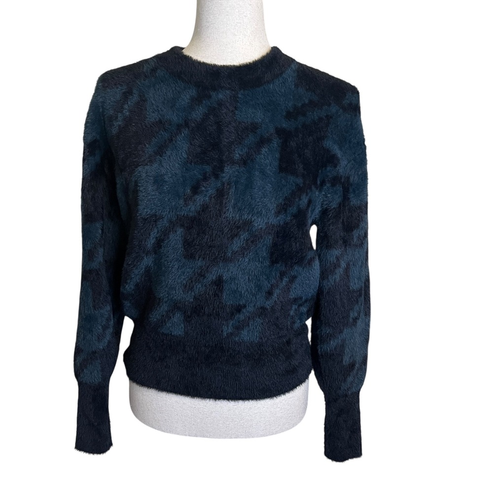 Ann Taylor XS Sweater‎ Fuzzy Houndstooth Dark Teal Blue Black Pullover Cozy Work
